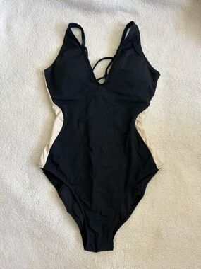 TA3 plungey Contour Black One-Piece Swimsuit with Cream Side Panels